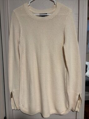 Cynthia Rowley Cream Textured Crewneck Sweater with Zip Cuffs